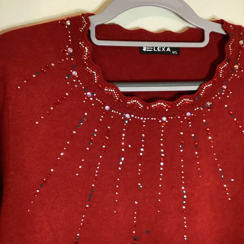 Elexa Women's Red Sweater Size M/L Wool Blend Rhinestones Scalloped Neck Party - Picture 4 of 9